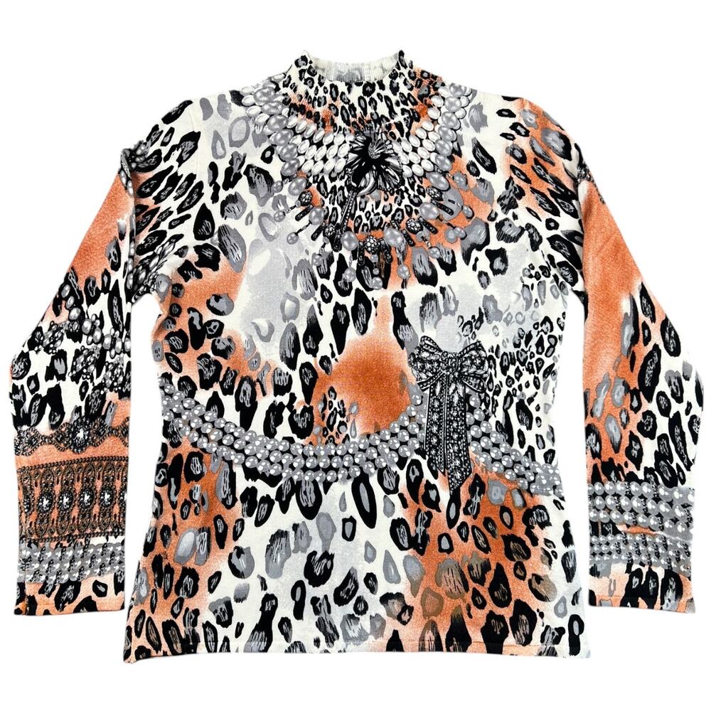 NWT RED Brand Sweater Long Sleeve Leopard Print Embellished Illusion Mock Neck L